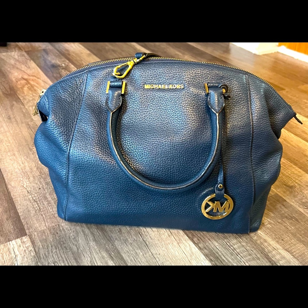Navy Blue Michael Kors Large Pebbled Leather Satchel Purse